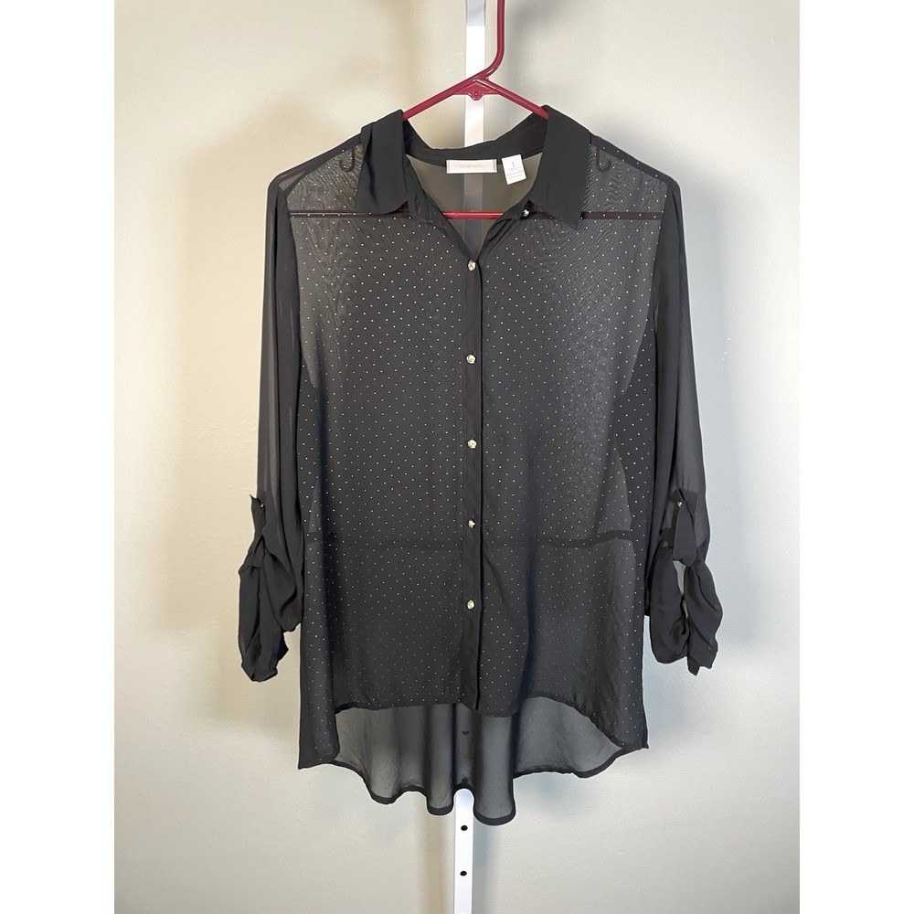 Chico's Button Up Shirt‎ 1 Medium US 8-10 Sheer Black Polka Dot Top Career